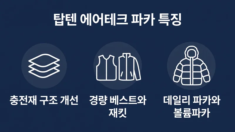 탑텐 에어테크 파카 특징, 충전재 구조 개선과 제품군 확대