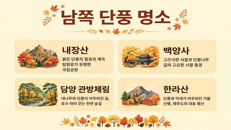 남쪽 단풍 명소, 내장산 백양사 관방제림 한라산