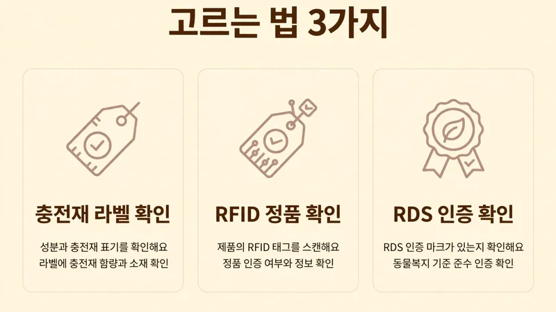 고르는 법 3가지, 충전재 라벨 확인과 RFID 정품 확인, RDS 인증 확인