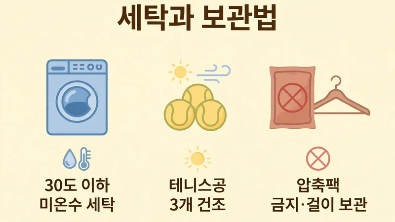 세탁과 보관법, 30도 이하 미온수 세탁과 테니스공 3개 건조, 압축팩 금지