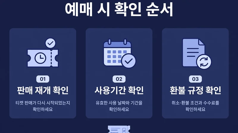 예매 시 확인 순서, 판매 재개 확인과 사용기간 확인, 환불 규정 확인